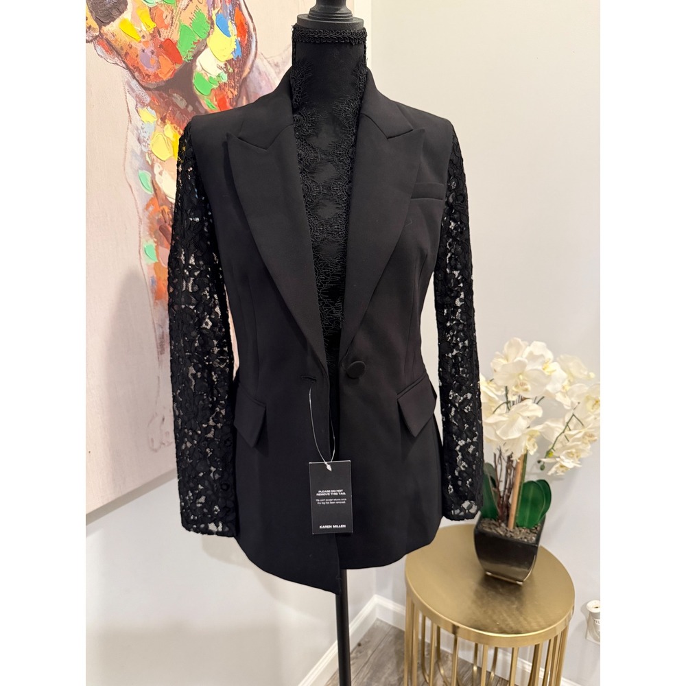 Karen Millen Black‎ Lace Sleeve Tailored Blazer Single Button Peak Lapel NWT